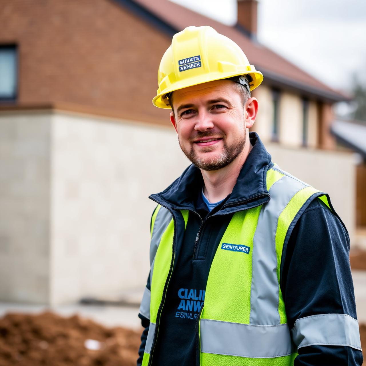 Senior groundworks site engineer in hi-vis and hard hat on a luxury residential build