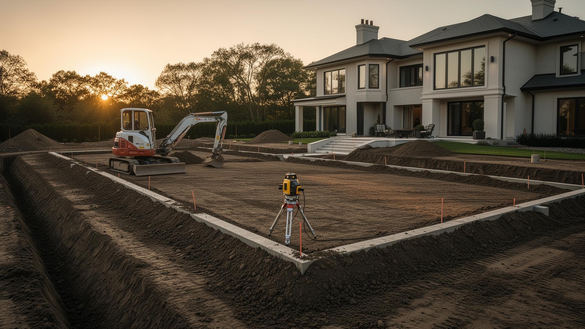 Laser-guided residential foundation works at golden hour, with prepared trenches beside a contemporary Irish home