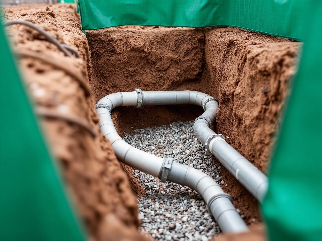 Drainage pipework neatly laid on gravel bedding in a clean trench