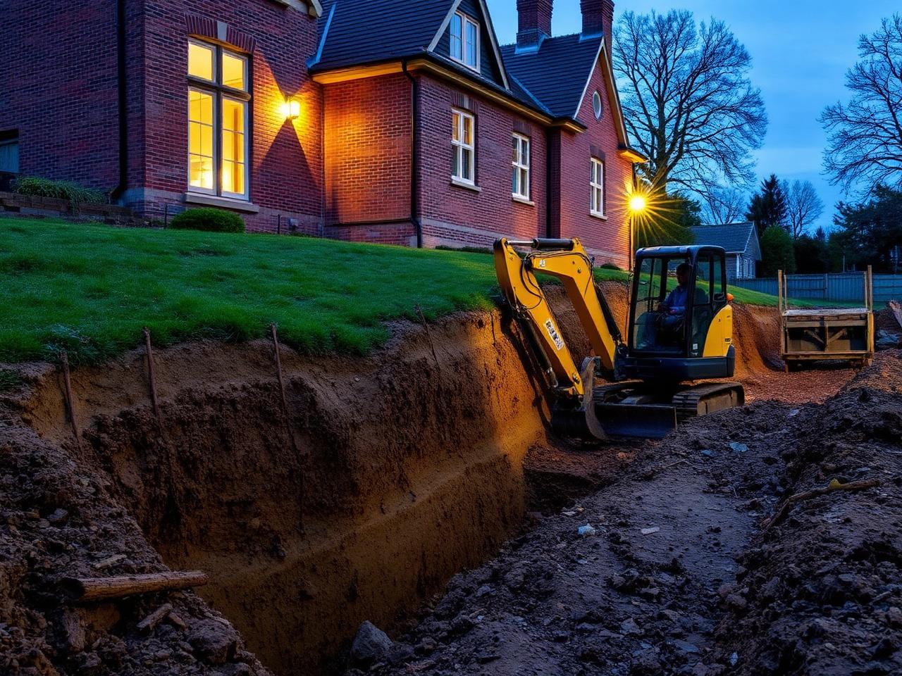 Mini excavator working a deep clean trench beside a period brick home at dusk